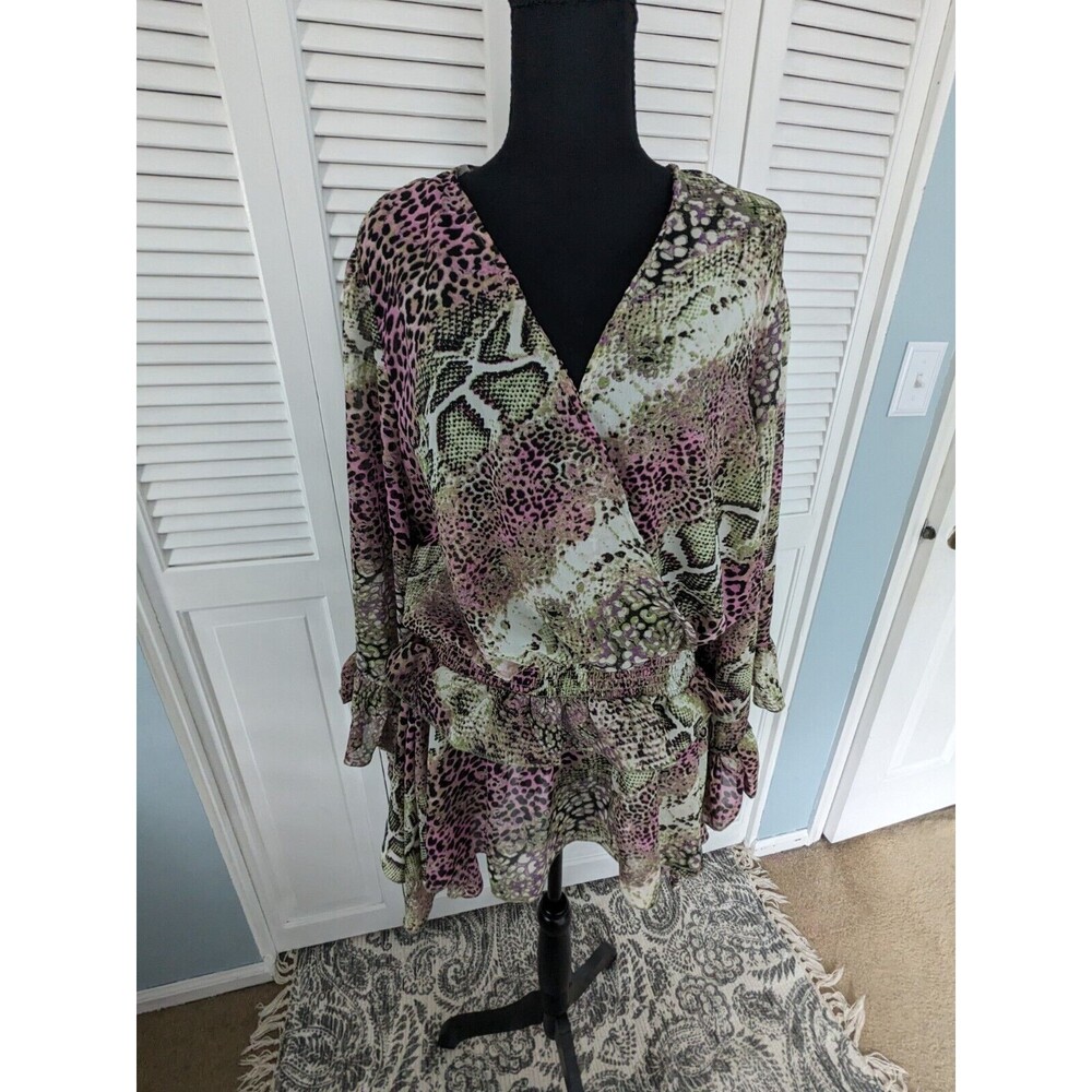 Ashley Stewart Curvy Girl 2X Blouse Animal Print Chiffon SurpliceRuffle HiLo NEW